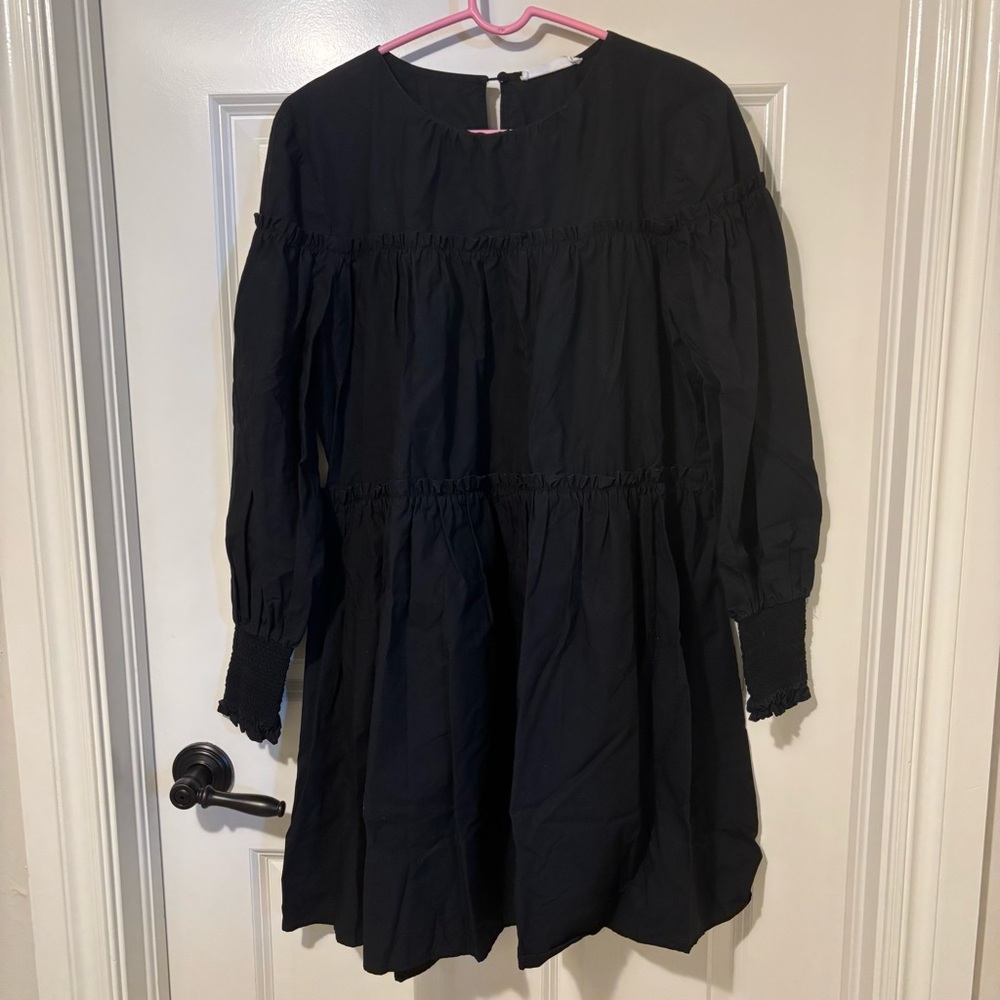 Mango MNG Black Long Sleeve Tiered Mini Dress Size 8